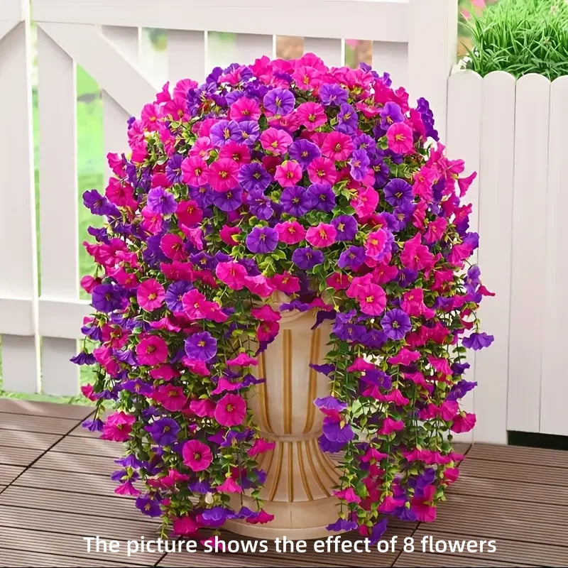 A vibrant display of 8 artificial morning glory hanging vines in shades of pink and purple surrounding a pedestal.