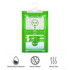 Green hanging moisture absorber bags with labels indicating functions like absorb moisture, prevent mildew, and absorb odor