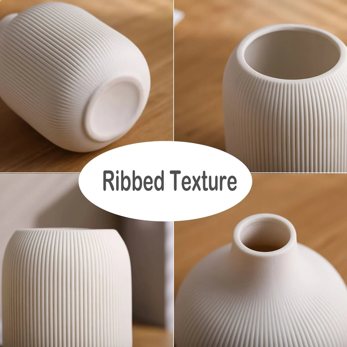Three minimalist white ceramic decorative vases showing a ribbed texture from different angles.