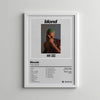 A framed poster featuring the album cover art for Frank Ocean's Blond, displayed on a white wall.