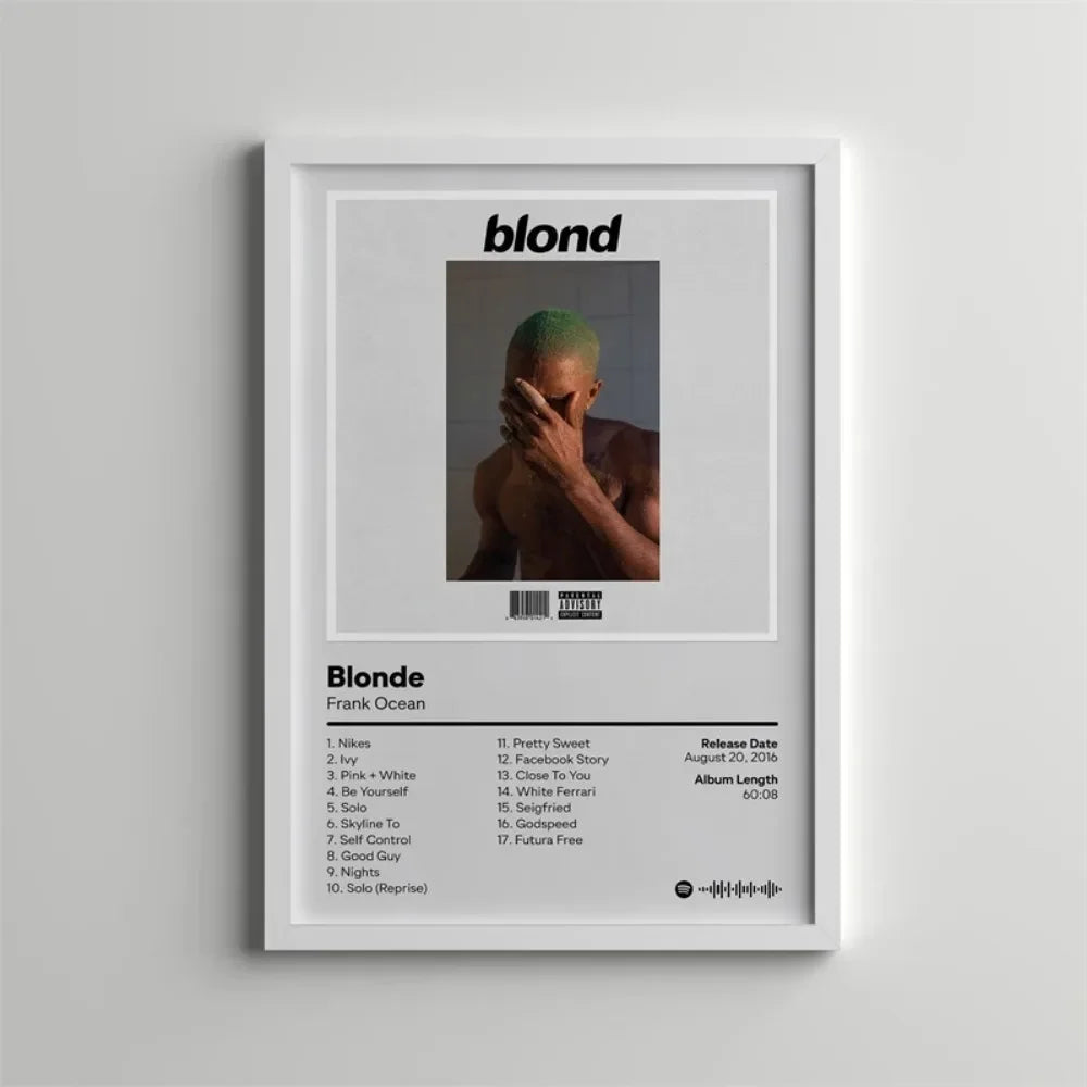 A framed poster featuring the album cover art for Frank Ocean's Blond, displayed on a white wall.