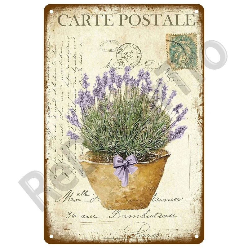 Vintage postcard featuring lavender in a terracotta pot with a purple bow on an aged metal sign.