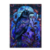 A dark blue bird with a prominent crest is depicted in an ornate, colorful stained-glass style design.