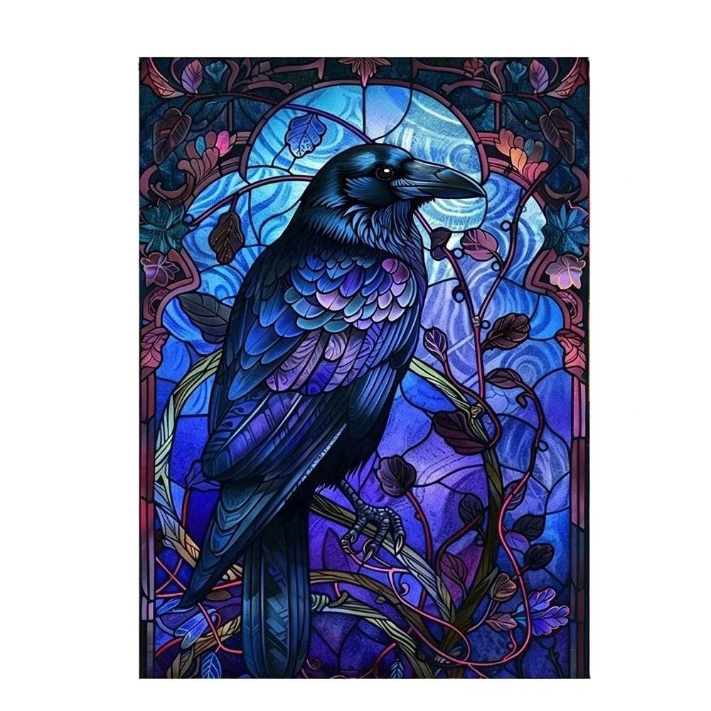 A dark blue bird with a prominent crest is depicted in an ornate, colorful stained-glass style design.