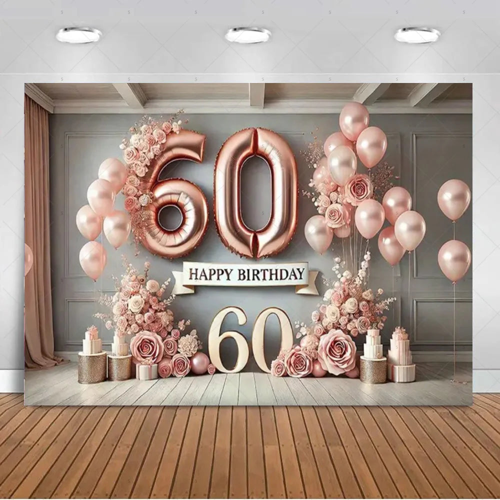 A pink and gold balloon backdrop for a 60th birthday celebration featuring balloons, flowers, and a large number 60.