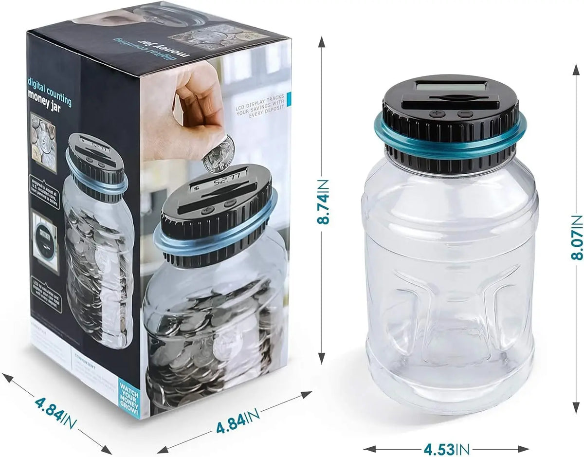 A box and a clear plastic jar of a digital counting money jar with measurement details.