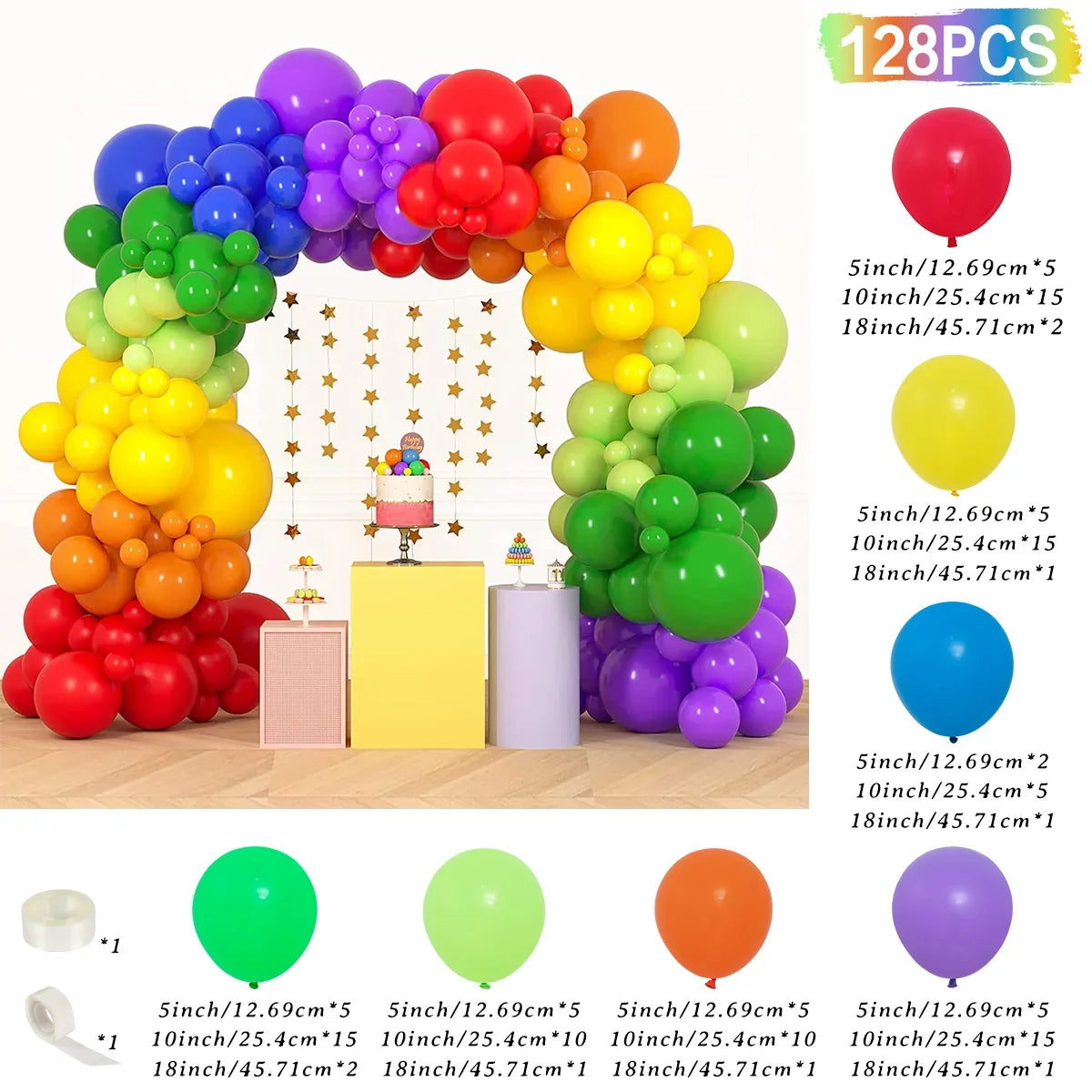 A colorful balloon garland arch kit featuring various colored balloons arranged in an arch shape for party decorations.