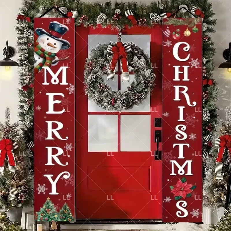 A festive red door banner decorated with Christmas wreaths and holiday greetings surrounded by evergreen garlands.