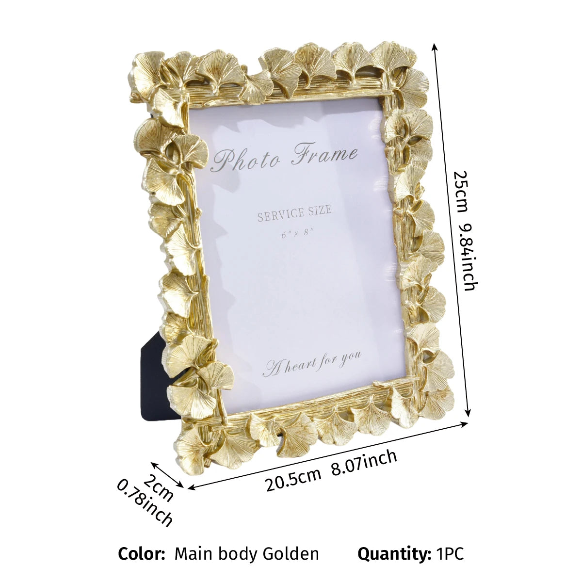 Golden leaf-shaped resin picture frame with a white insert and gold border