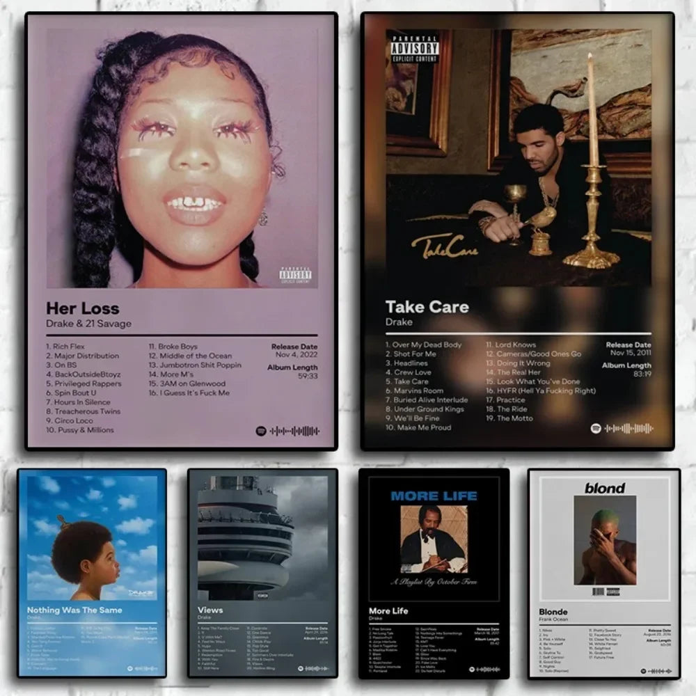 A collage of Drake album covers and related art featuring hip-hop music posters for home decor.