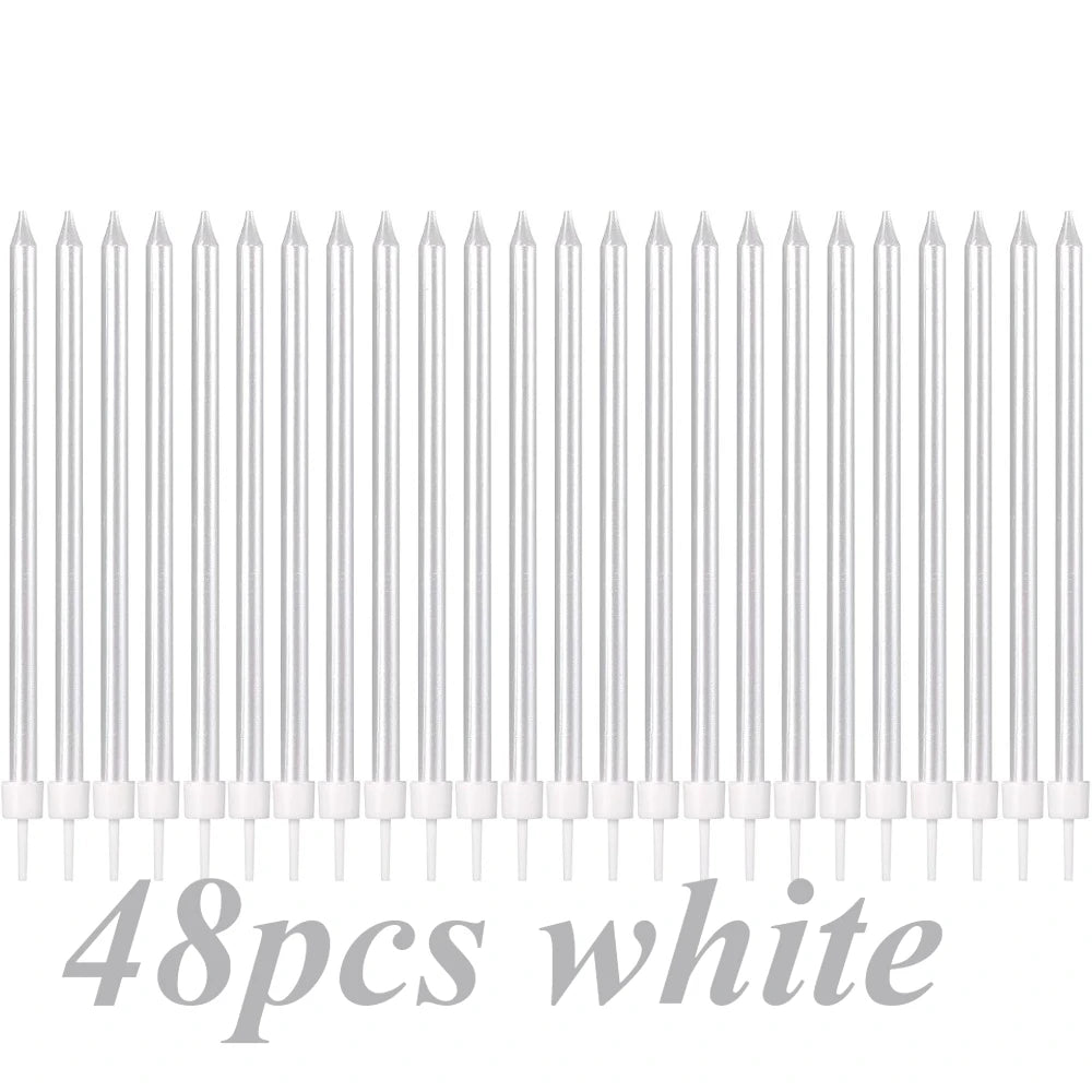 48 pieces of white birthday candles arranged in a row.
