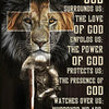 A powerful image of a lion with a cross surrounding its head, symbolizing the light and protection of God.