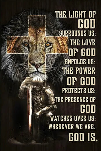 A powerful image of a lion with a cross surrounding its head, symbolizing the light and protection of God.