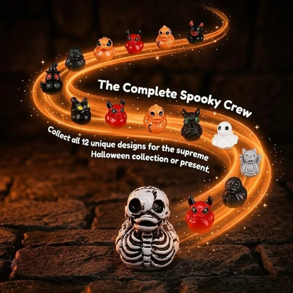 A collection of twelve unique spooky mini duck figurines arranged in a winding golden path for Halloween decor.
