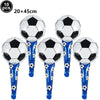 A pack of ten silver soccer ball balloons with blue and white patterns.