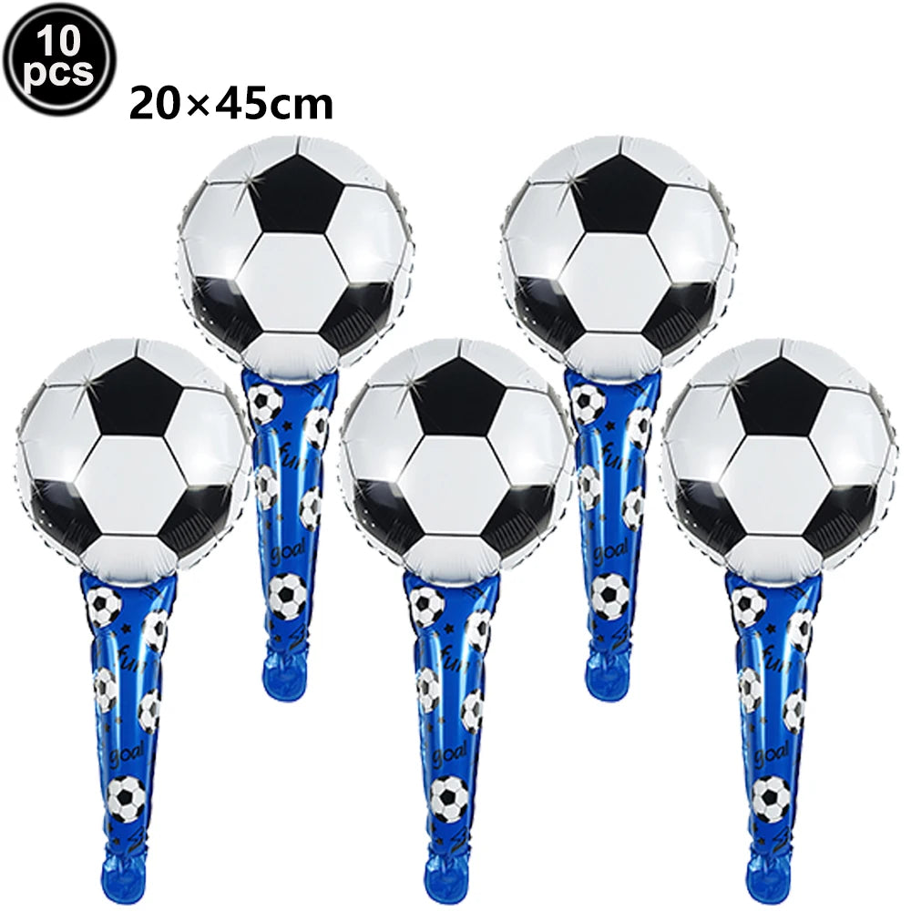 A pack of ten silver soccer ball balloons with blue and white patterns.