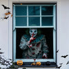 A painted clown figure with green hair and red makeup is visible through a window, surrounded by bats and Halloween decoratio