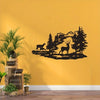 Silhouette of deer in a forest against a yellow wall with potted plants.