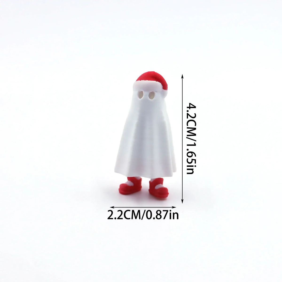 A white cartoon animal figurine with a red hat and red feet, shown against a white background.
