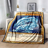 A blue and white dragon design printed on a throw blanket for Yu-Gi-Oh!