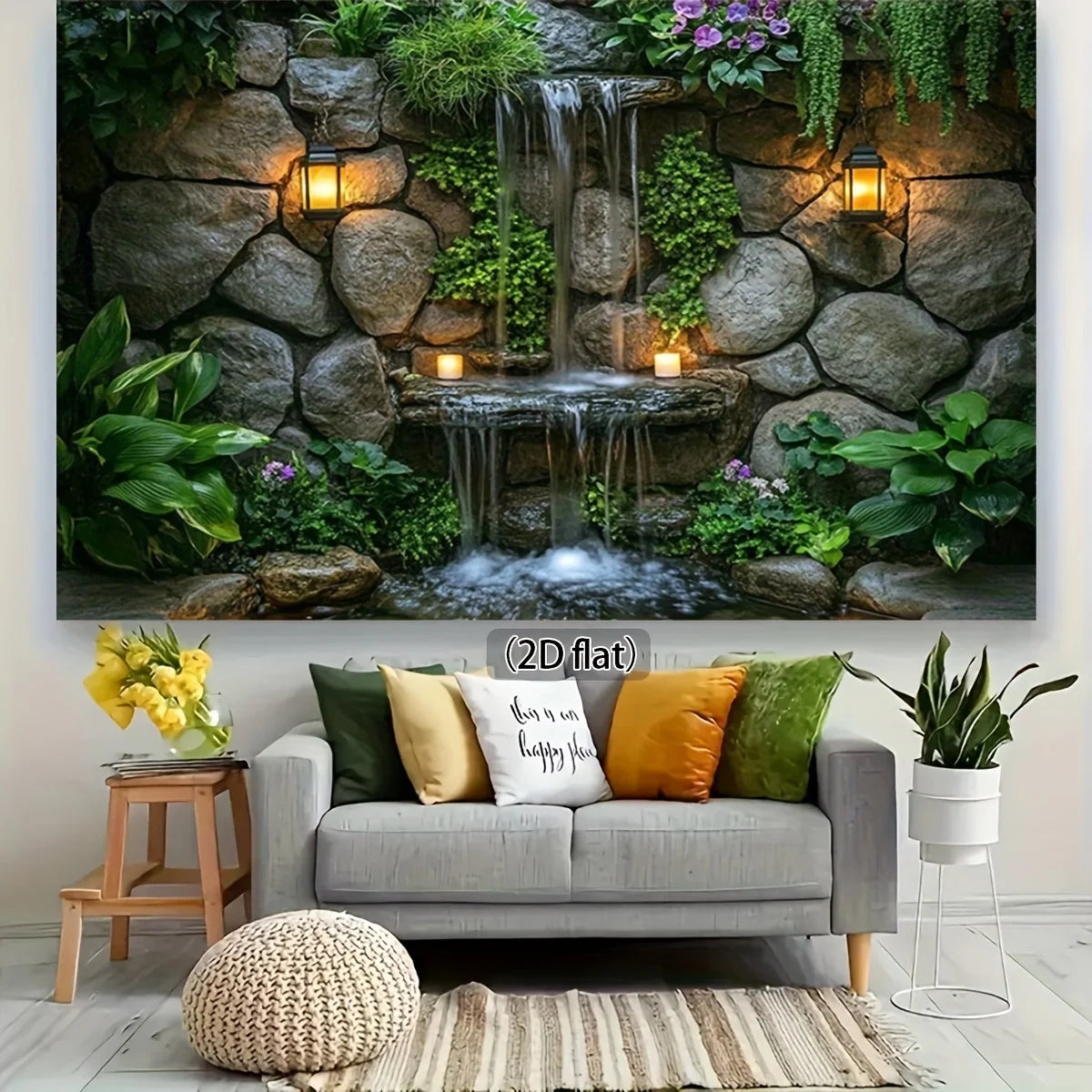 A wall tapestry featuring a natural scene with a waterfall, mossy rocks, and lush green plants.