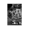 Black and white photo of a vintage Formula Grand Prix racing poster canvas print featuring a race car in front of an ornate b