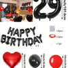 A set of red and black foil number balloons, heart balloons, and letter balloons for birthday decorations.