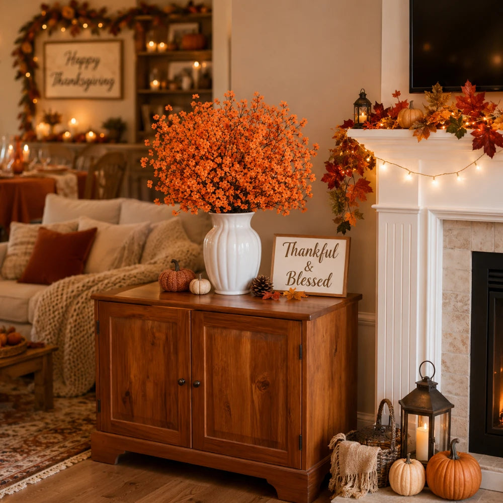 A wooden cabinet displaying artificial orange baby's breath flowers and fall decor on a mantelpiece.