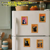 A refrigerator decorated with various framed pictures of cats, including a black cat and a tabby cat.