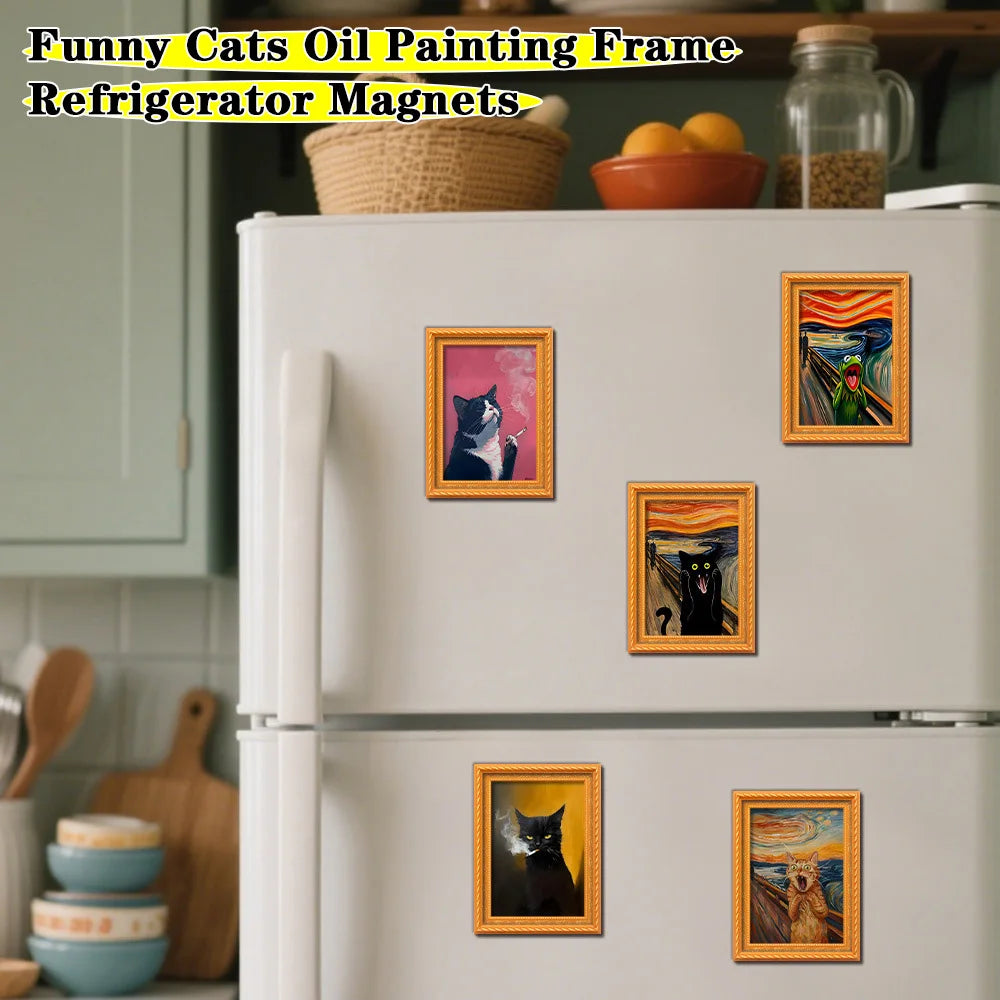 A refrigerator decorated with various framed pictures of cats, including a black cat and a tabby cat.