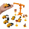 A set of construction vehicle cake toppers including an excavator, crane, and road signs.