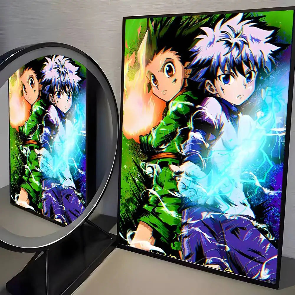 Anime canvas wall art featuring two characters from Hunter x Hunter in dynamic poses with bright blue energy effects.