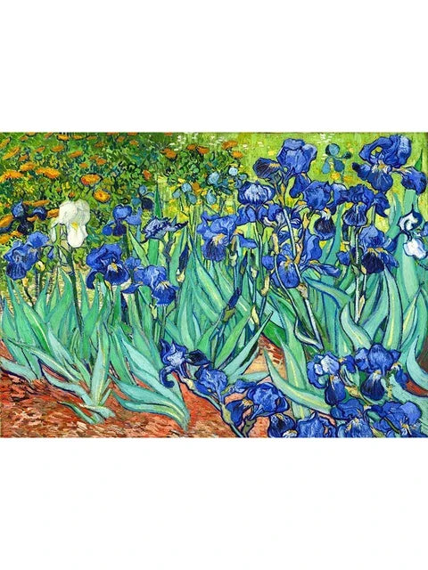 A vibrant oil painting depicting a field of blue and purple iris flowers with green foliage.