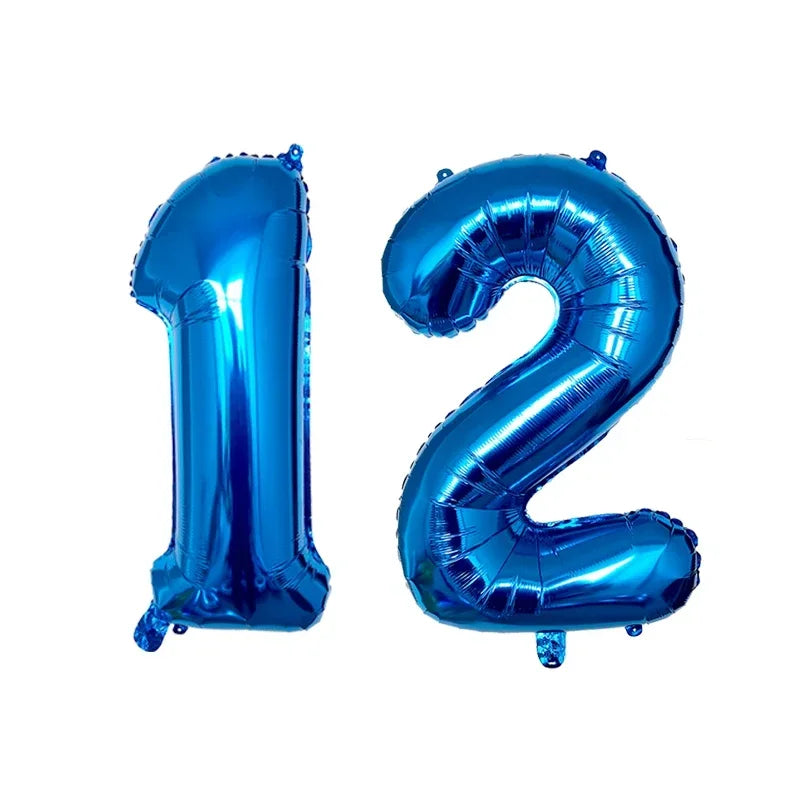 Silver helium foil number balloons shaped like the number 12