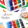 A clear portable color case holding a set of 48-color acrylic paint markers with brush tips.