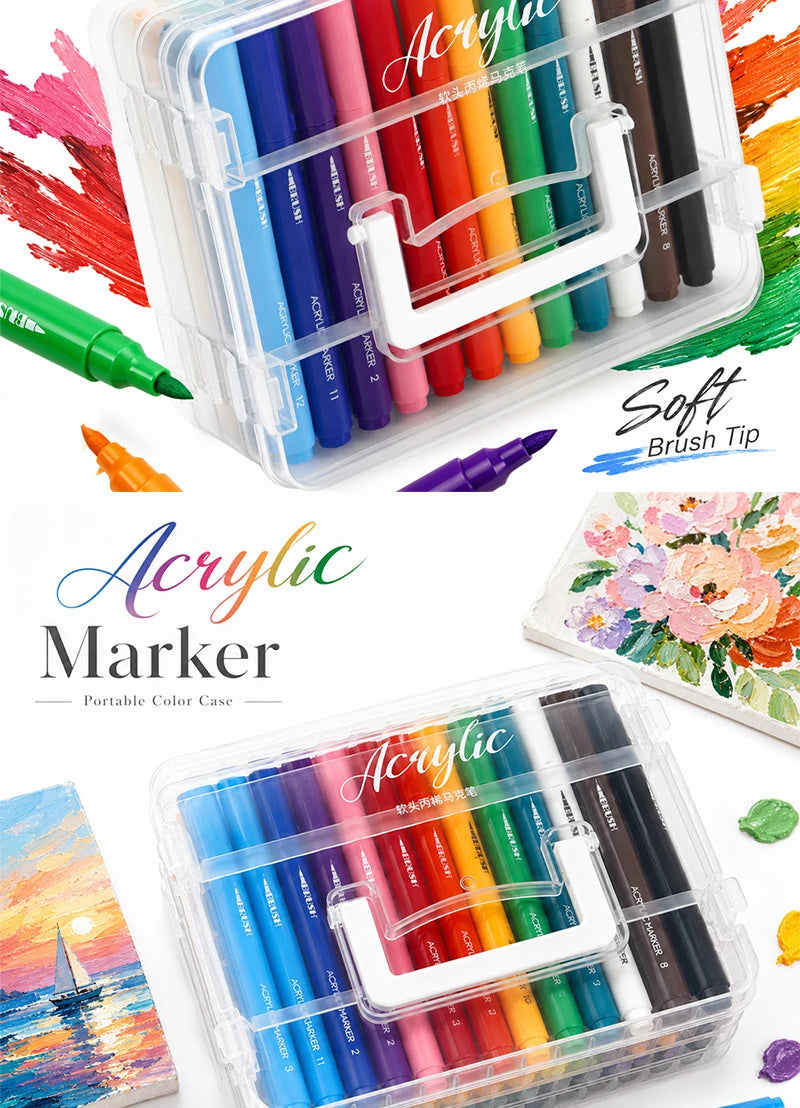 A clear portable color case holding a set of 48-color acrylic paint markers with brush tips.