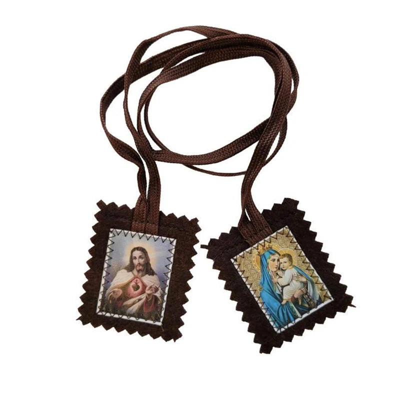 Brown wool scapular with a sacred heart medal and a decorative tag