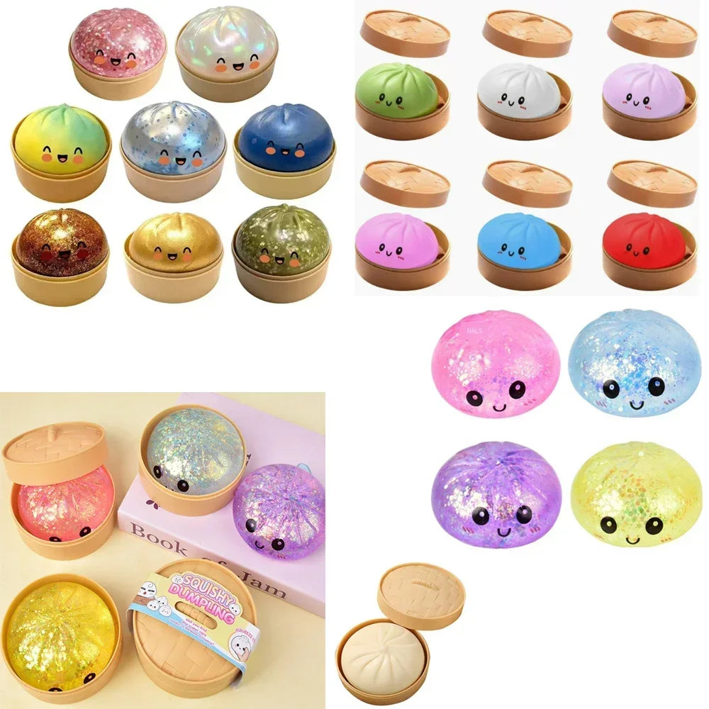 A collection of various squishy stress relief toys in different colors and shapes, including eggs, spheres, and round items.