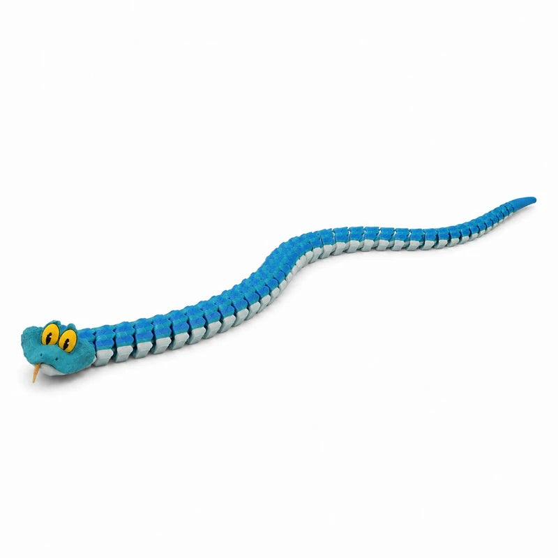 A blue articulated snake desk toy with a smiling face, made of flexible 3D printed material.