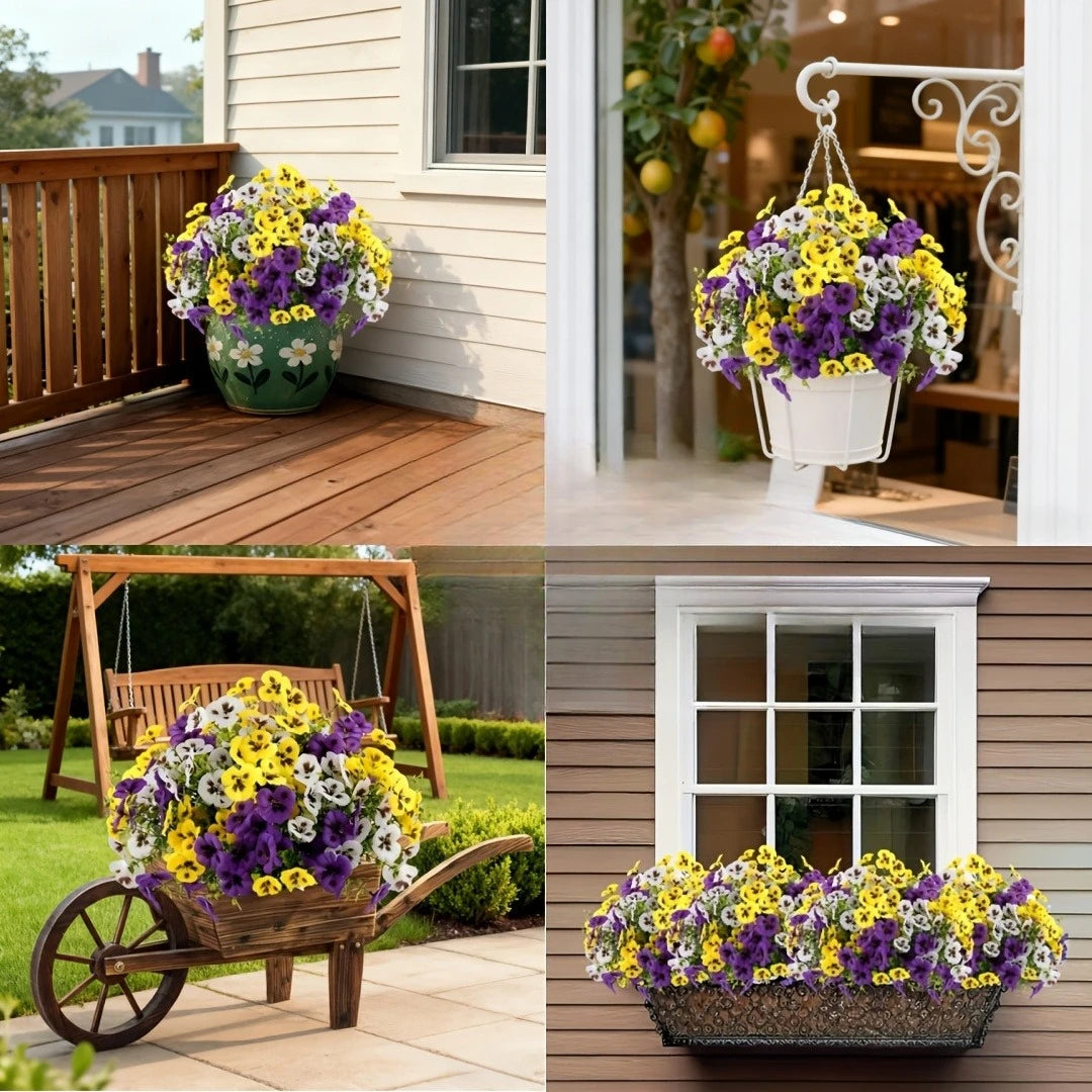 A close-up of a potted artificial pansy flower bouquet with purple and yellow blooms on a wooden porch.
