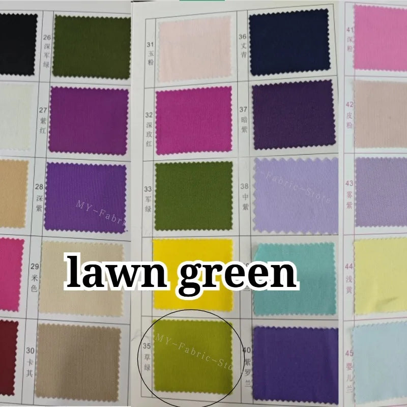 A swatch chart showing various shades of green, including lawn green, for fabric selection.