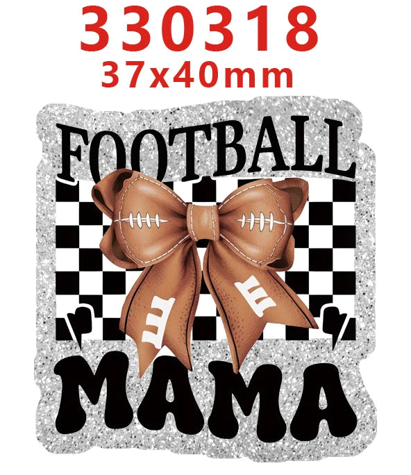 Silver glitter acrylic charm featuring a brown leather football ribbon and the word mama