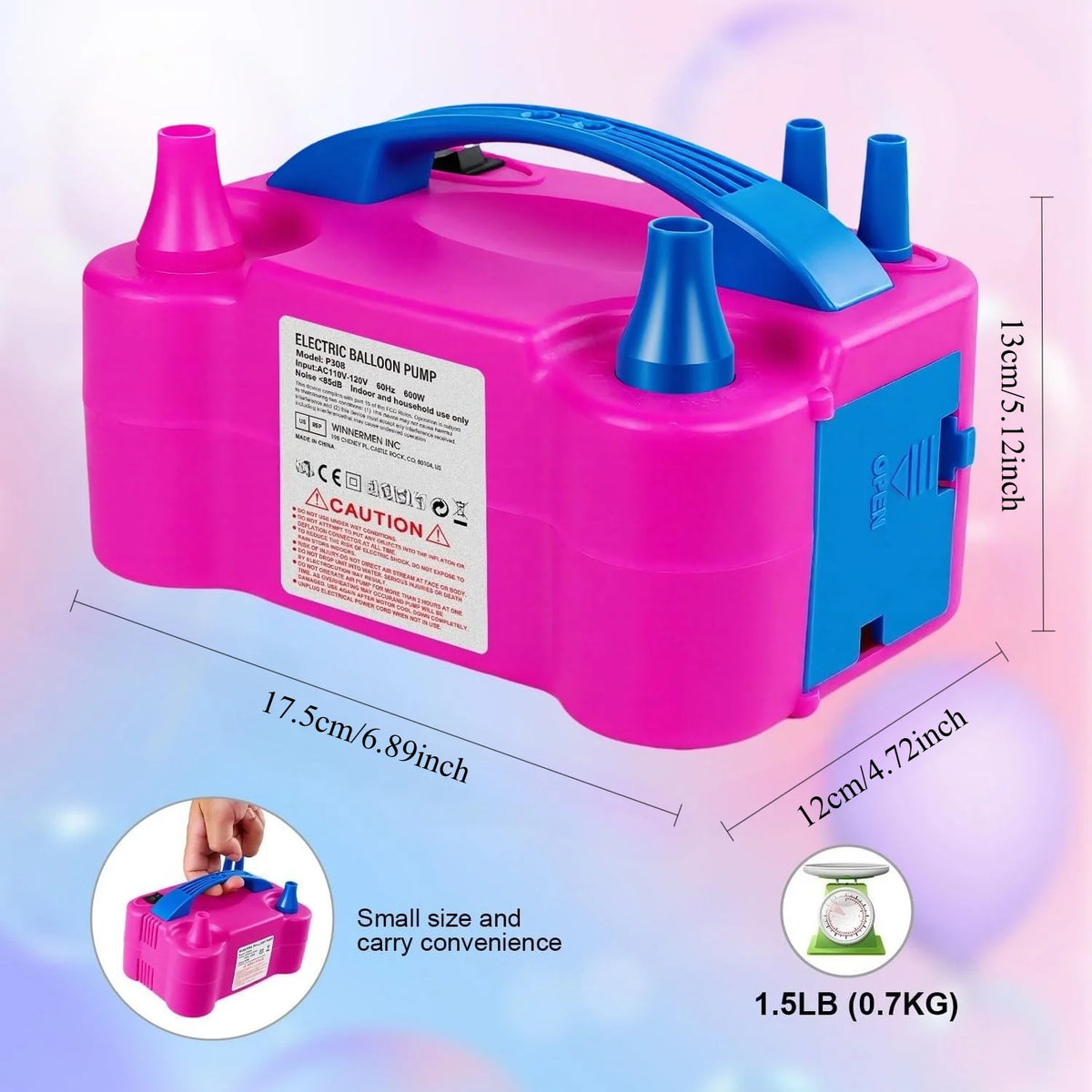 A pink electric balloon pump with a blue handle and pump nozzle, shown next to its size and weight.