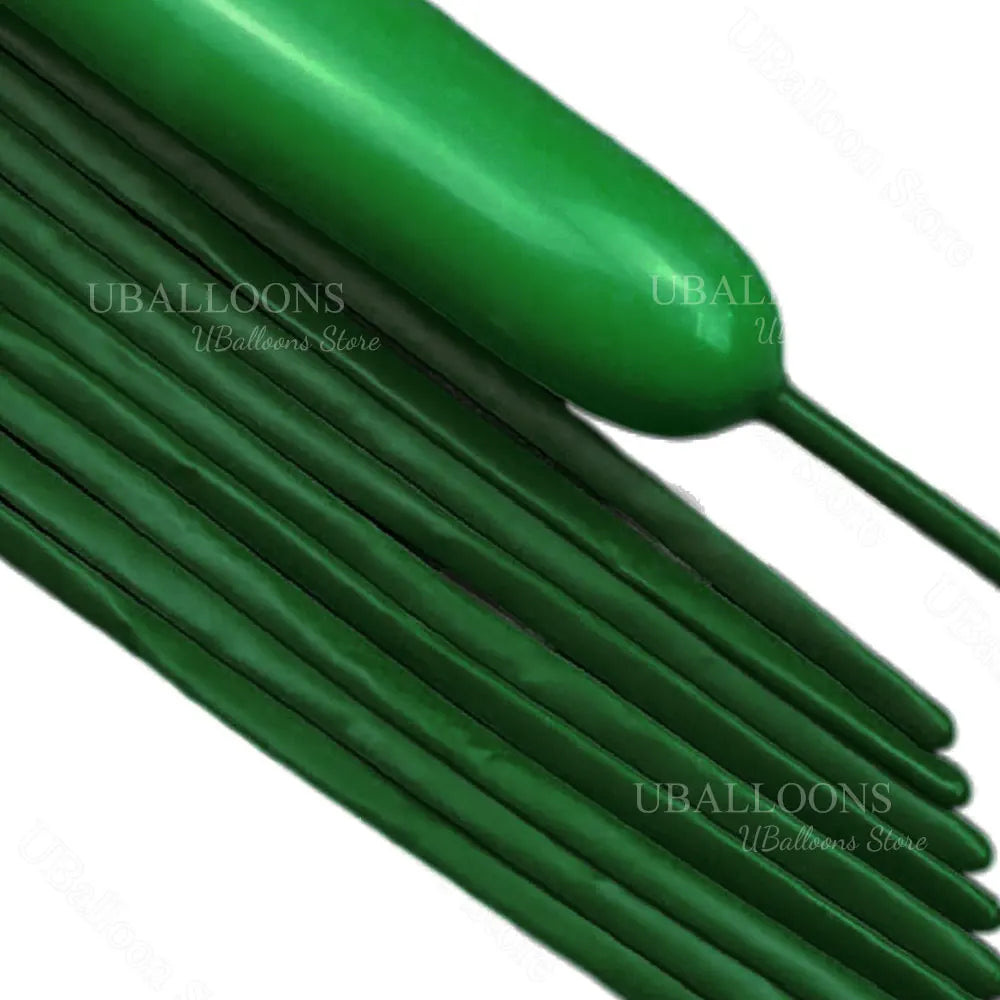 A close-up view of a bundle of green magic twisting balloons.