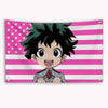 A banner featuring a cartoon depiction of Bakugou Katsuki with spiky green hair against a pink and white striped American fla