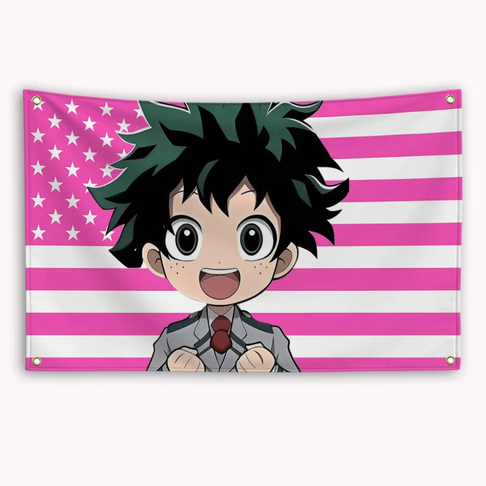 A banner featuring a cartoon depiction of Bakugou Katsuki with spiky green hair against an American flag design.