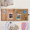 A vintage DIY scrapbook photo album open to display handwritten notes and small photographs.