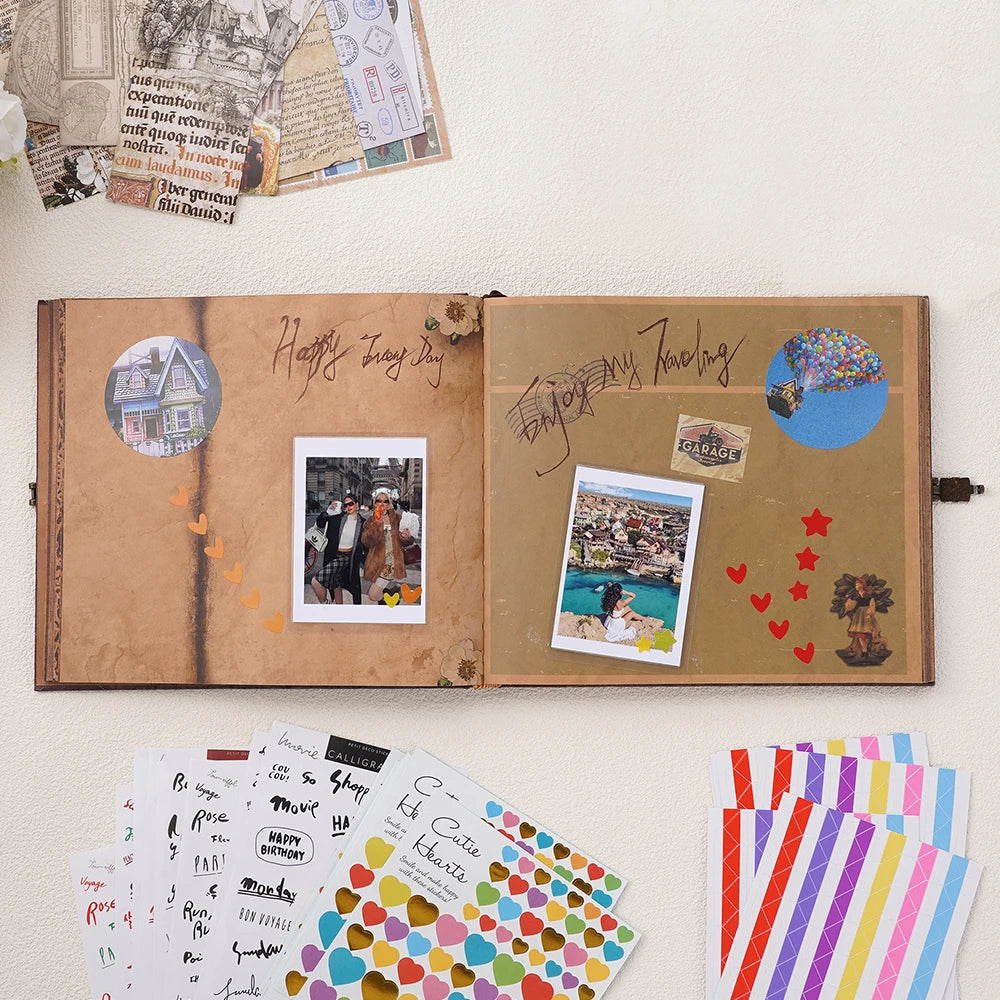 A vintage DIY scrapbook photo album open to display handwritten notes and small photographs.