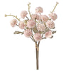 A bouquet of pink silk chrysanthemum artificial flowers with green stems and leaves.