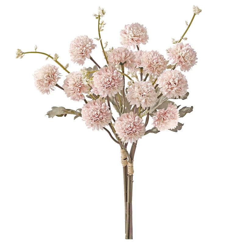 A bouquet of pink silk chrysanthemum artificial flowers with green stems and leaves.